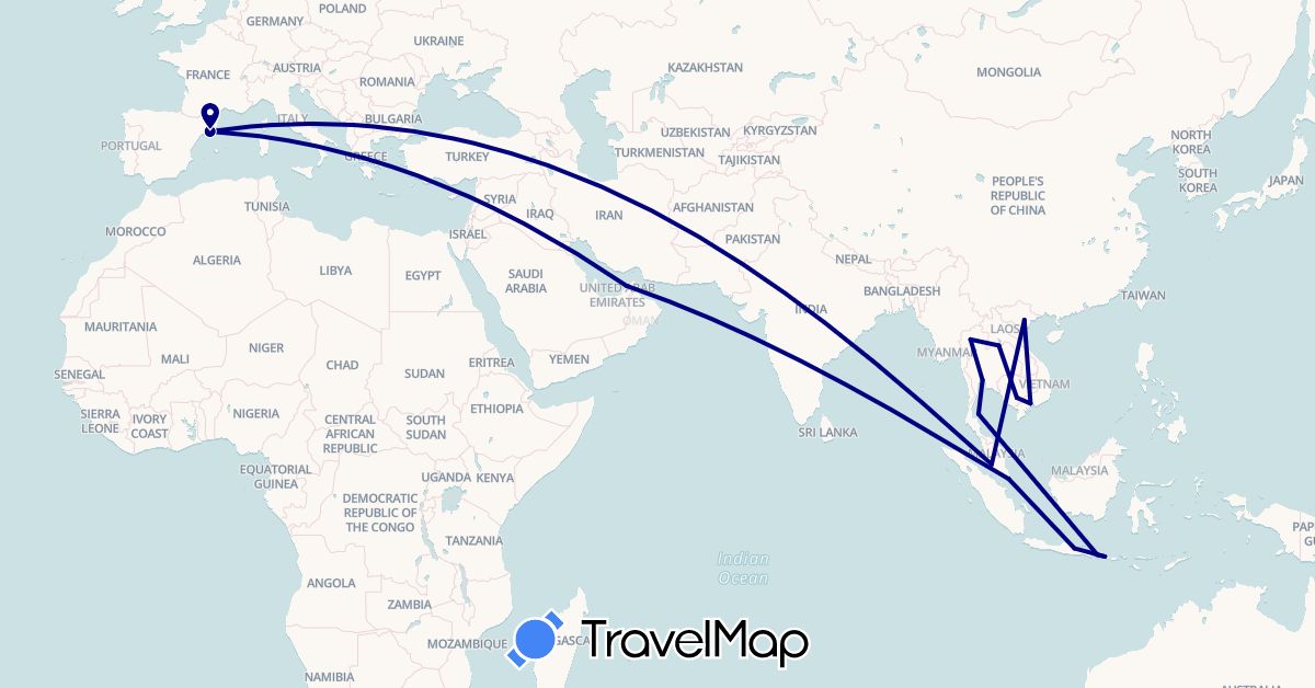 TravelMap itinerary: driving in United Arab Emirates, Spain, Indonesia, Cambodia, Laos, Malaysia, Singapore, Thailand, Vietnam (Asia, Europe)